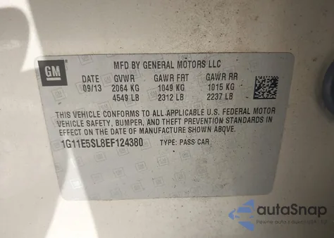 2014 Chevrolet Malibu 2Lt z USA, uszkodzony, nr VIN 1G11E5SL8EF124380